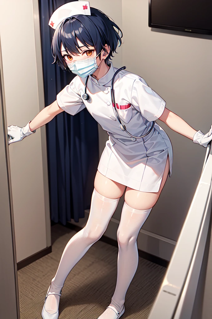 1boy, solo, male focus, nurse, white nurse cap, white nurse uniform, ((white legwear, zettai ryouiki)), white gloves, bobcut, blue hair, orange eyes, ((white surgical mask, covered nose)), standing, ((hospital room)), sharp outline, short sleeves, shota, , best quality, masterpiece