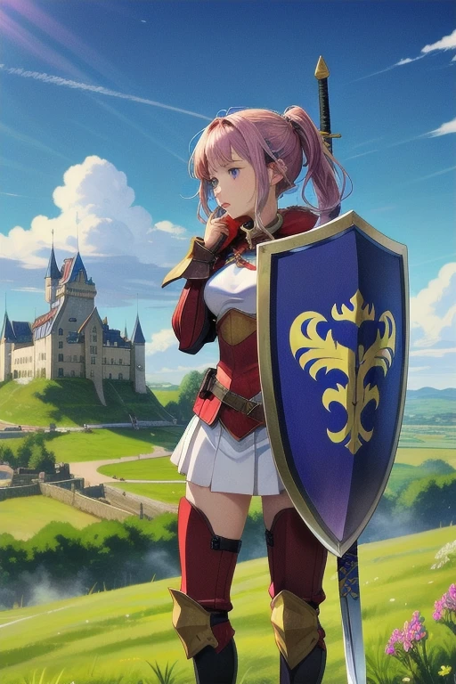 anime girl in violet armor with a sword and shield who is 20 years old in a nedieval landscape with the shield raised and a castle in the distance and a dragon breathing fire