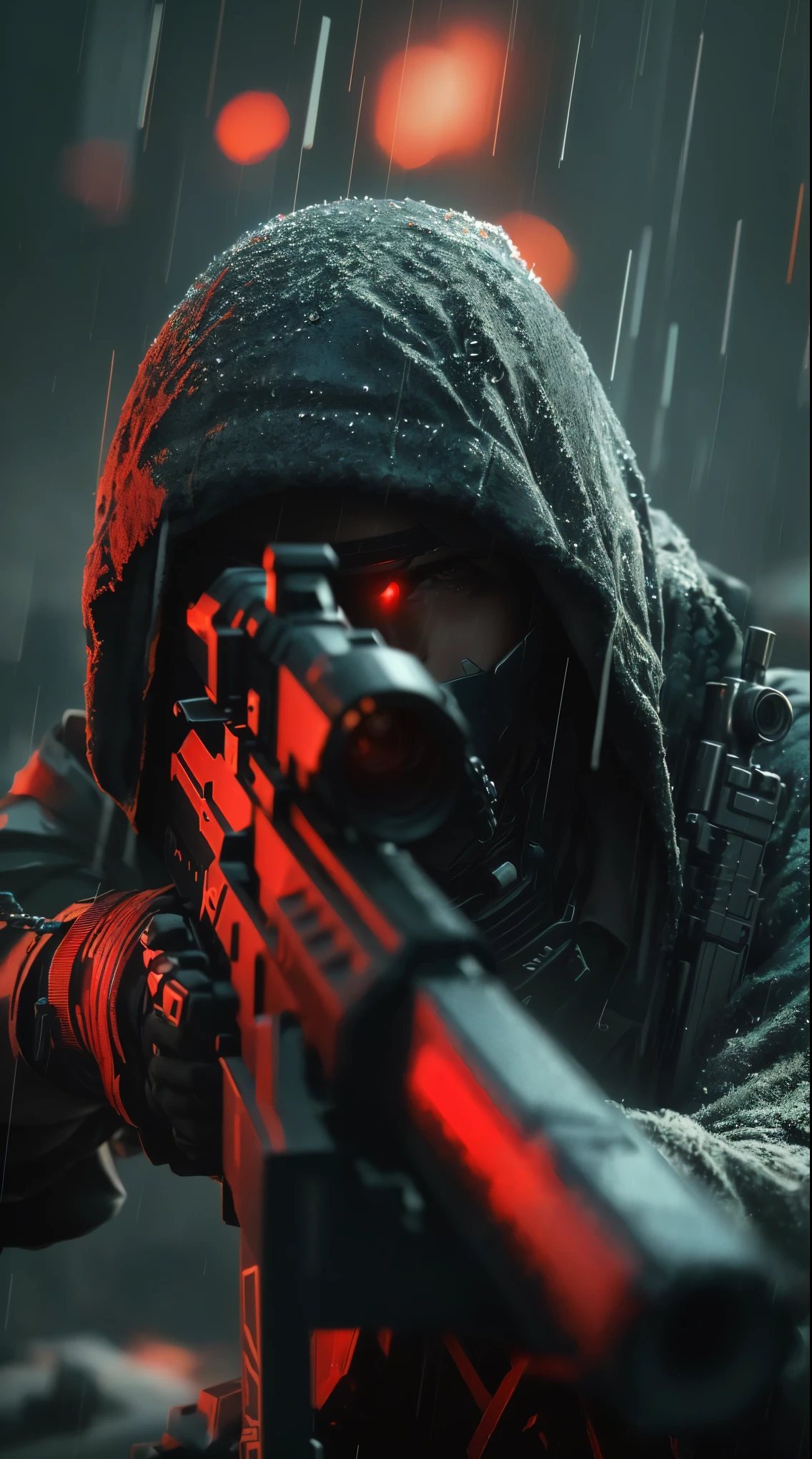 Close-up of a man with a gun in the rain, fps shooter game, fps shooter game concept, fps shooter game, fps shooter game concept art, Bad guy anime 8k, Video Game Rendering, Sniper fire, Game CG, Cyberpunk Assassin, 电影级 4k Octane Rendering, 4k wallpaper, 4k wallpaper, Sniper, Cyberpunk Soldier, Octane Rendering