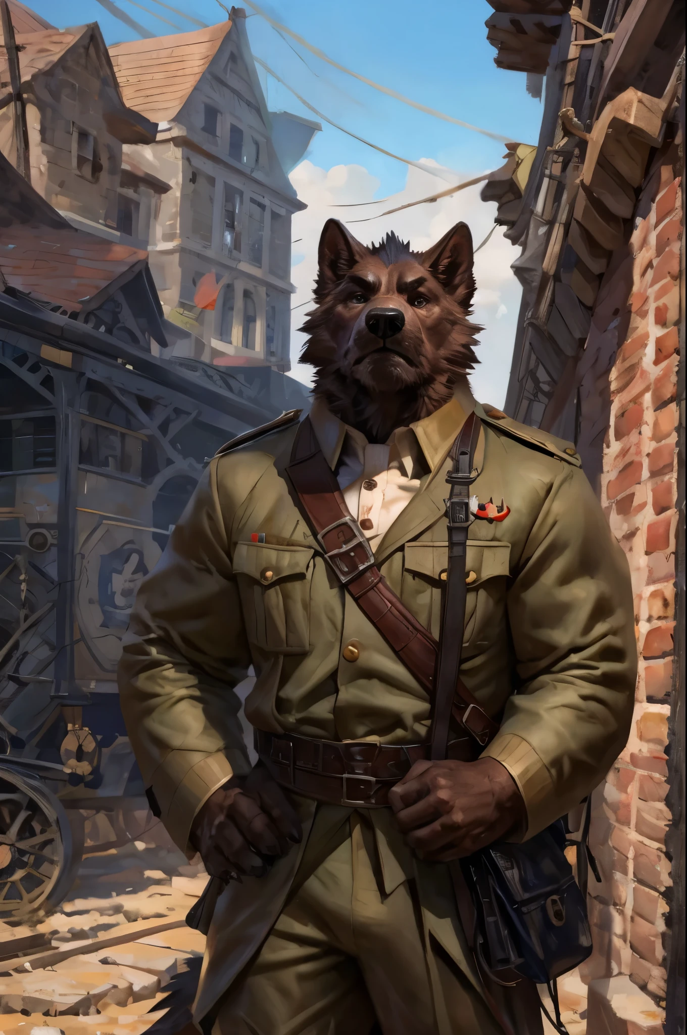 By Taran Fiddler, one man, anthro canine (irish wolfhound), brown fur, dilf, wrinkly face, sad and melancholic look, bushy eyebrows, wearing trench world war one German uniform, hands to his hips, stern facial expression, grumpy, standing infront of a 1919 train station leaning on the wall looking forward crestfallen, in midnight, no use of politic simbols.