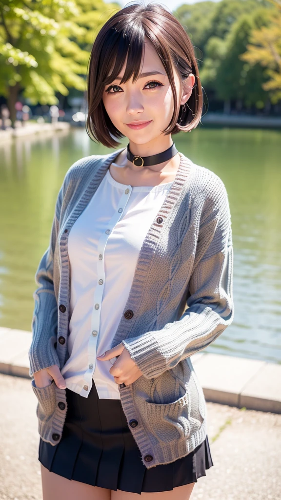 (realistic:1.4), best quality, ultra high res, 
4k, instagram,higly detailed,
(cardigan: 1.5), plated skirt,
bangs,smile,
at the lake park, cherry blossom,
virtualgirl-rin,
 small breasta,bob hair, short hair,brown hair, brown eyes, black choker,