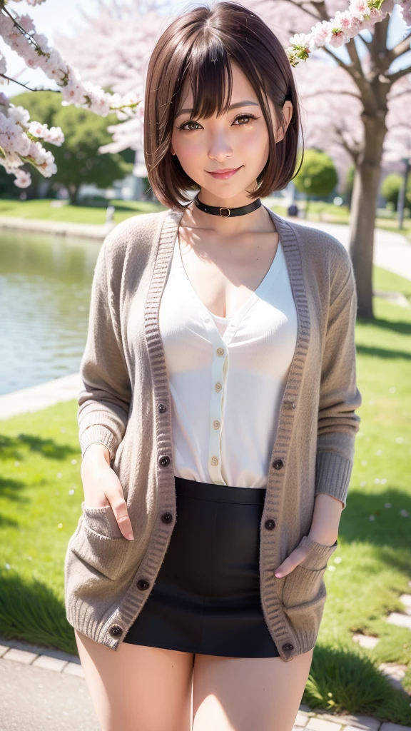 (realistic:1.4), best quality, ultra high res, 
4k, instagram,higly detailed,
(cardigan: 1.5), plated skirt,
bangs,smile,
at the lake park, cherry blossom,
virtualgirl-rin,
 small breasta,bob hair, short hair,brown hair, brown eyes, black choker,