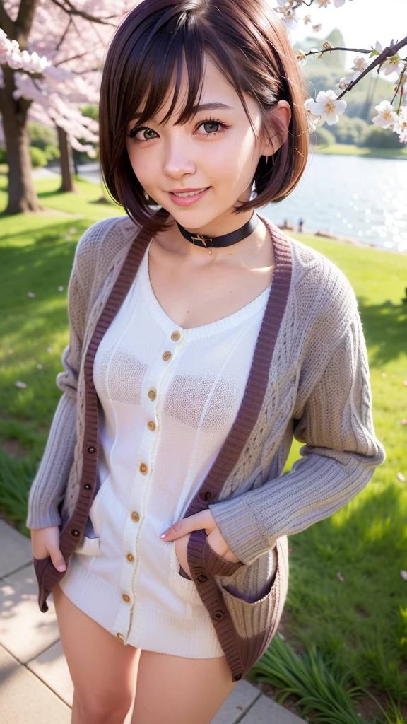 (realistic:1.4), best quality, ultra high res, 
4k, instagram,higly detailed,
(cardigan: 1.5), plated skirt,
bangs,smile,
at the lake park, cherry blossom,
virtualgirl-rin,
 small breasta,bob hair, short hair,brown hair, brown eyes, black choker,