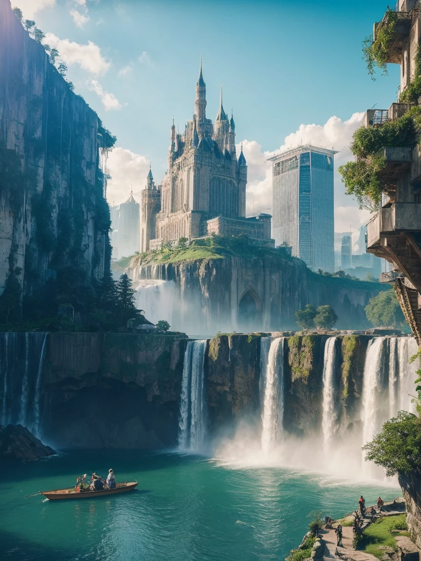 Huge castles and skyscrapers floating in the sky Cyberpunk Isekai Fantasy Top Quality Ultra High Definition Utopia 8K Giant Waterfall Mother Nature