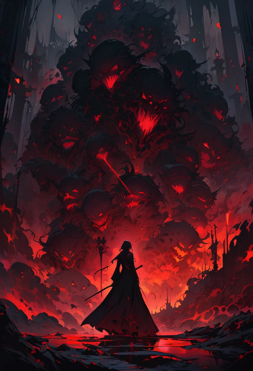 Dark and mysterious,night,Blood Rain,Gothic anime wizard, Mysterious Man,Let me show you the God of Slaughter!哥特式非同寻常的Artistic masterpiece,heavily clouded,unforgettably beautiful,Ethereal moonshine,Eerie Shadows,Strong contrast,Creepy,Artistic masterpiece,Detailed texture,dark palette,Disturbing atmosphere,Impressive artistry,Fine details,Gothic architecture,Dramatic Lighting,Os tons vibrantes de vermelho,an ominous,Strange symbols,Surreal elements