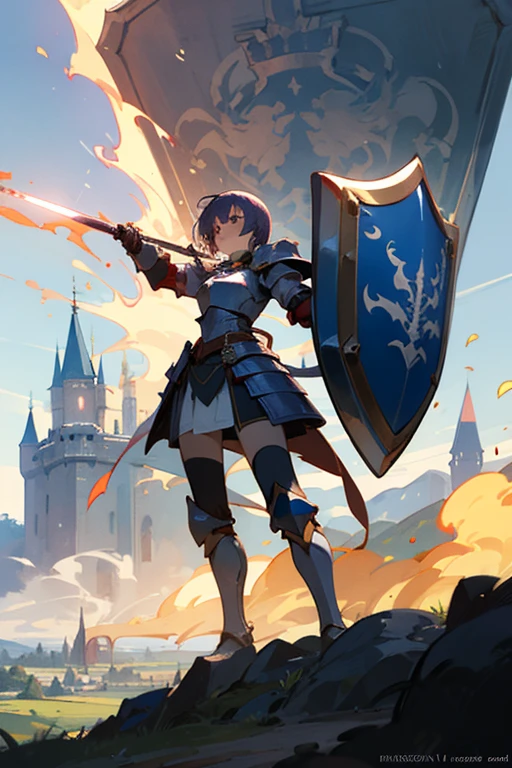 anime girl in golden armor with a sword and shield who is 20 years old in a medieval landscape with the shield raised and a castle in the distance