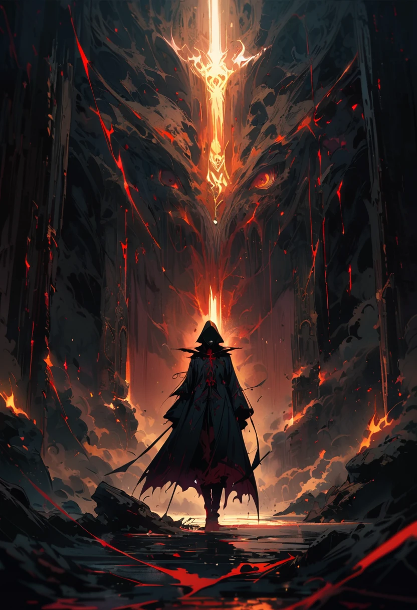 Dark and mysterious,night,Blood Rain,Gothic anime wizard, Mysterious Man,Let me show you the God of Slaughter!哥特式非同寻常的Artistic masterpiece,heavily clouded,unforgettably beautiful,Ethereal moonshine,Eerie Shadows,Strong contrast,Creepy,Artistic masterpiece,Detailed texture,dark palette,Disturbing atmosphere,Impressive artistry,Fine details,Gothic architecture,Dramatic Lighting,Os tons vibrantes de vermelho,an ominous,Strange symbols,Surreal elements