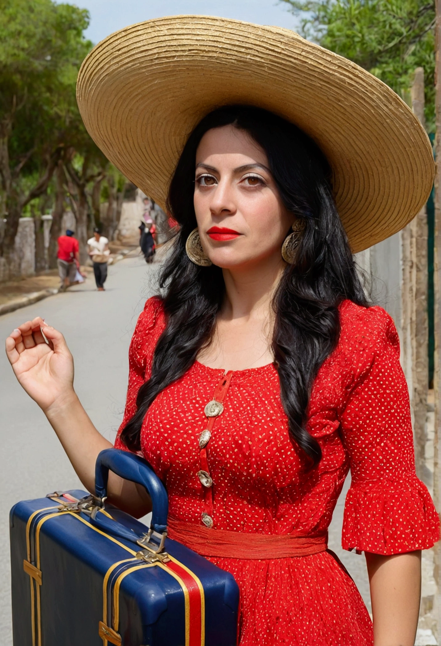 Una bruja albina de cabello blanco y largo with los ojos rojos , with, about 30 years old, a fitted dress and a very large hat, volando en su escoba a plena luz del día with una maleta en su escoba de la cual caen cosas