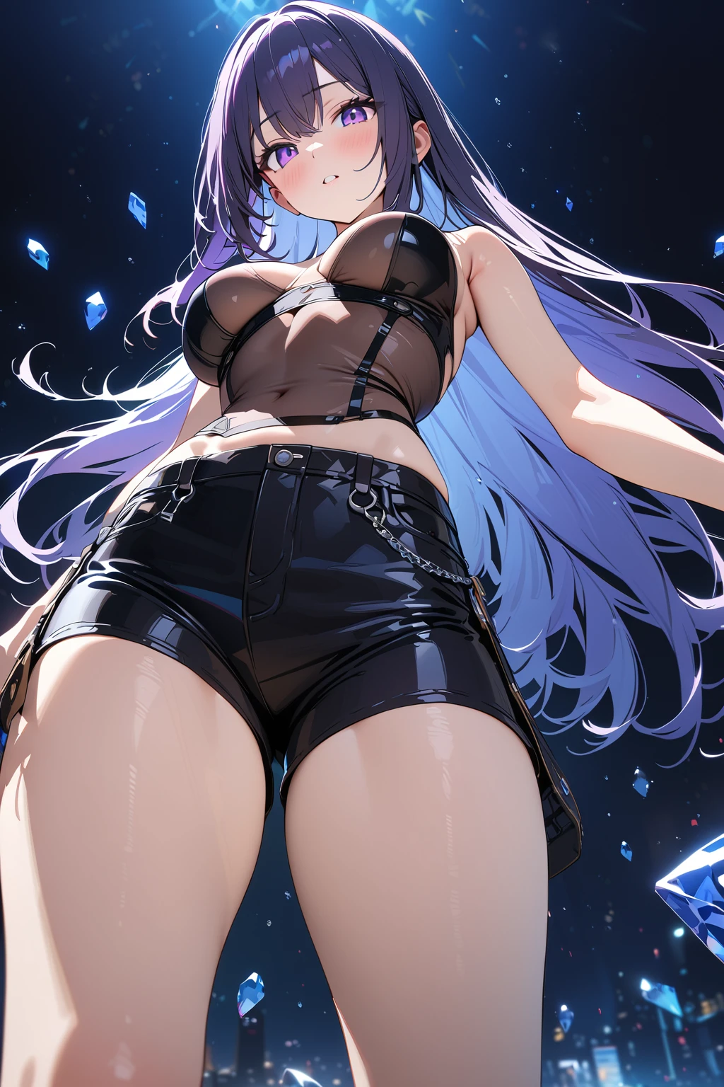 (masterpiece, best quality:1.5), (ultra detailed, high resolution, 8k, beautiful detailed, UHD, best anatomy), purple straight hair, medium breasts, 1 girl, short shorts, thin see-through, standing, from below, Crystals floating around, night