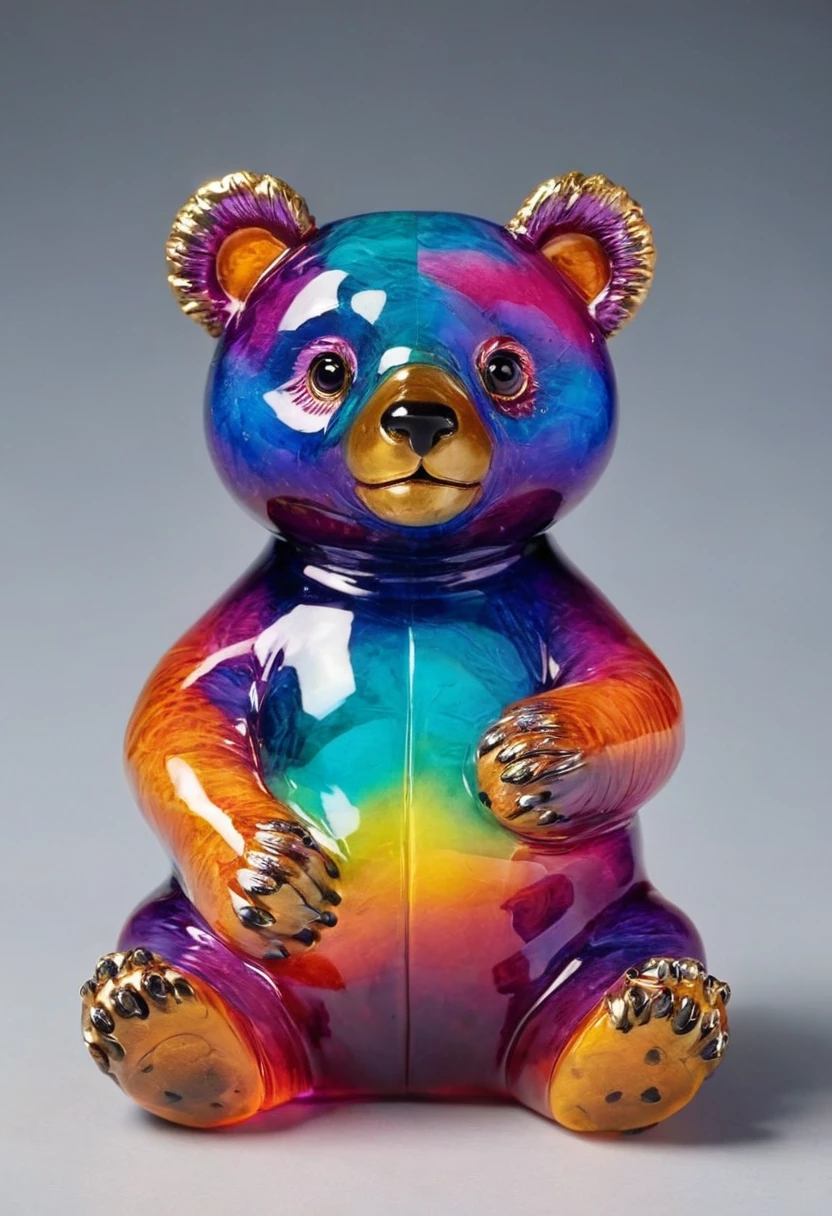 A detailed and vibrant glasssculpture, chubby male anthro bear cub in a fantastical landscape with vibrant colors and intricate details, done by artists such as Ruan Jia