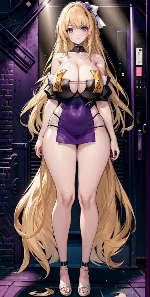 girl，Large Breasts，long hair，Topless，Bow，Blonde Hair, Purple Eyes, Cleavage，Large Breasts