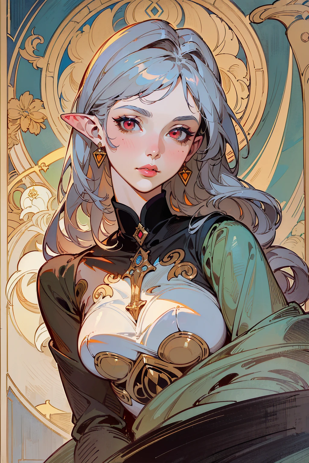 femme de 50 ans, Middle-aged European, ((trentenaire)), solo, medieval tavern, [ghotic] full lips, (visage de forme ovale), (Heavenly Nose), wears a cape, peau claire et chaude, red eyes, doe eyes, very silver hair, very light, [[Short hair]], wavy hair, elfe ears, Long cils, elegant and sexy dark Medieval adventure clothes, Glow, ghotic, elegant, tendance sur artstation, makeup, lipstick, ((In the style of Alphonse Mucha)), inkshadow, (((Masterpiece artwork))), ((best quality)), ((complex detailed)), ((semi-realistic)), (se concentrer uniquement), (visage parfait:1.1), (high detail:1.1), clivage, dark