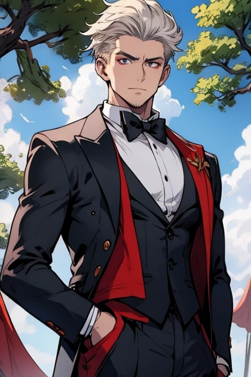 Perfect face. Perfect hands. A young white haired man with red eyes in an ornate suit is leaning against a tree in the park