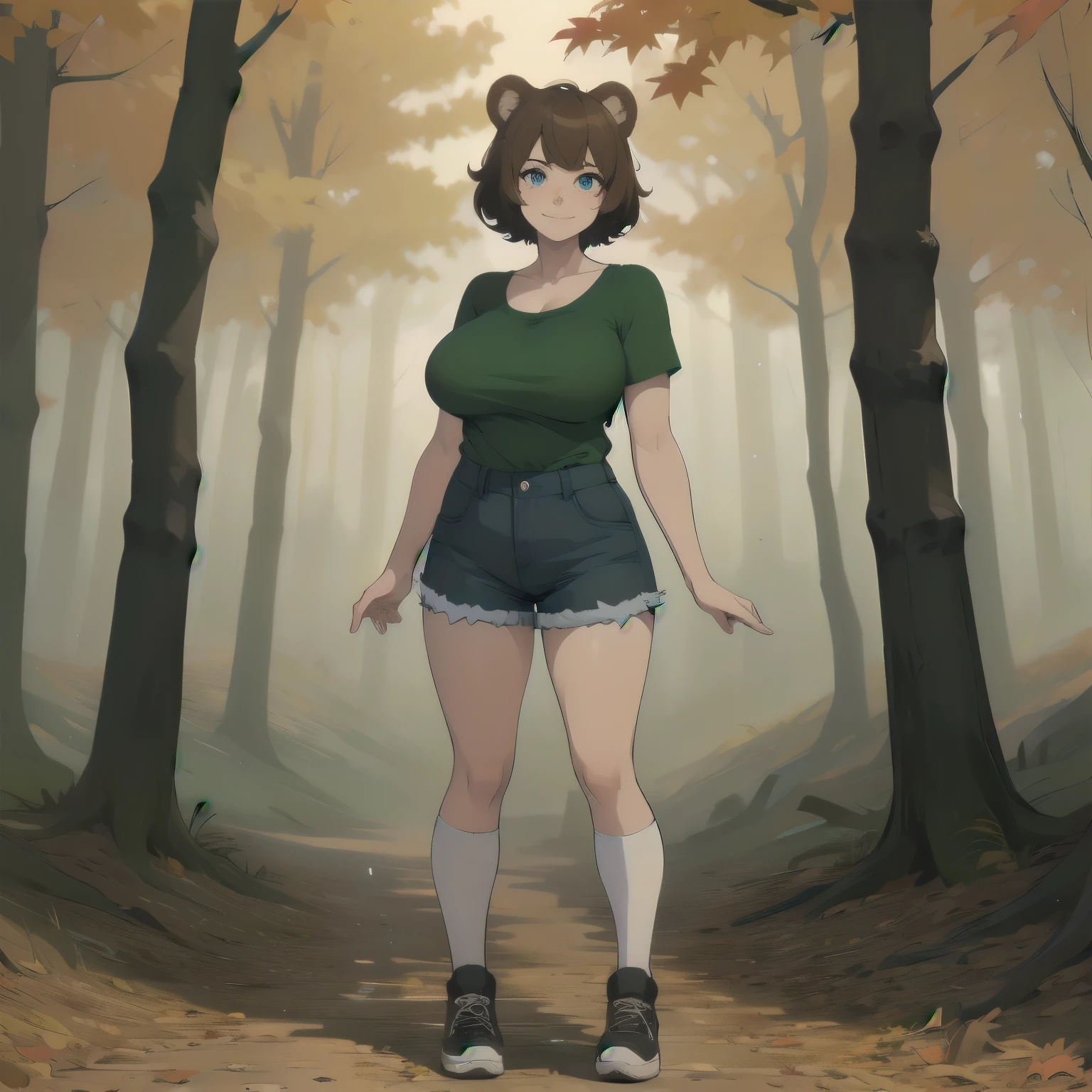 (masterpiece), 1girl, solo, best quality, expressive eyes, perfect face, best quality, kemonomimi, bear ears, animal ears, brown hair, short hair, messy_hair, blue eyes BREAK freckles, green shirt, huge breasts, hourglass figure, short sleeves, Denim shorts, standing, smile, closed mouth, naughty face, autumn leaves, autumn forest, day sky, daytime, looking at viewer, outdoors, full body, sneakers, knee socks