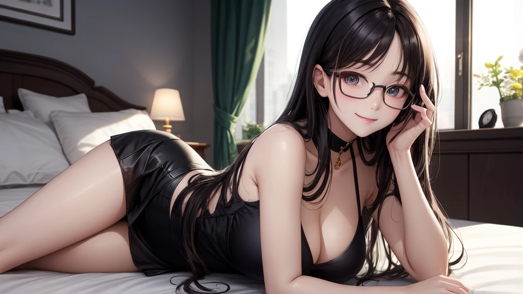 A beautiful beauty，She is smiling at the camera in the warm and bright bedroom。She has a good figure，Black long hair falls down，It's particularly charming。She wears glasses，Adds a touch of intellectual beauty。She wore a plunging neckline top and a short black skirt，Elegant and charming。Close-up shot，It captures her beauty and confidence perfectly，The background is a soft bedroom environment，Full of warmth and comfort。