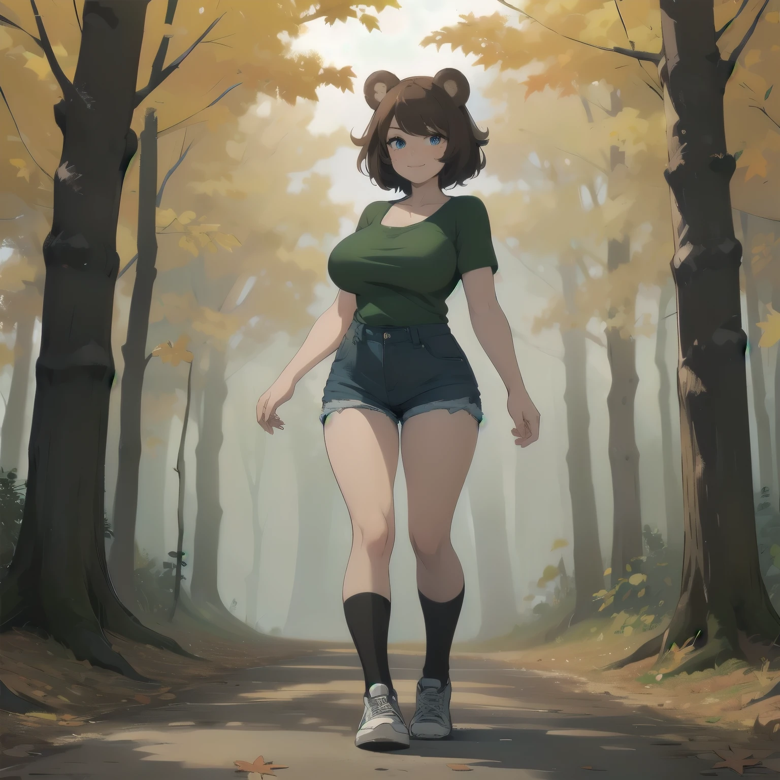 (masterpiece), 1girl, solo, best quality, expressive eyes, perfect face, best quality, kemonomimi, bear ears, animal ears, brown hair, short hair, messy_hair, blue eyes BREAK freckles, green shirt, huge breasts, hourglass figure, short sleeves, Denim shorts, standing, smile, closed mouth, naughty face, autumn leaves, autumn forest, day sky, daytime, looking at viewer, outdoors, full body, sneakers, knee socks 
