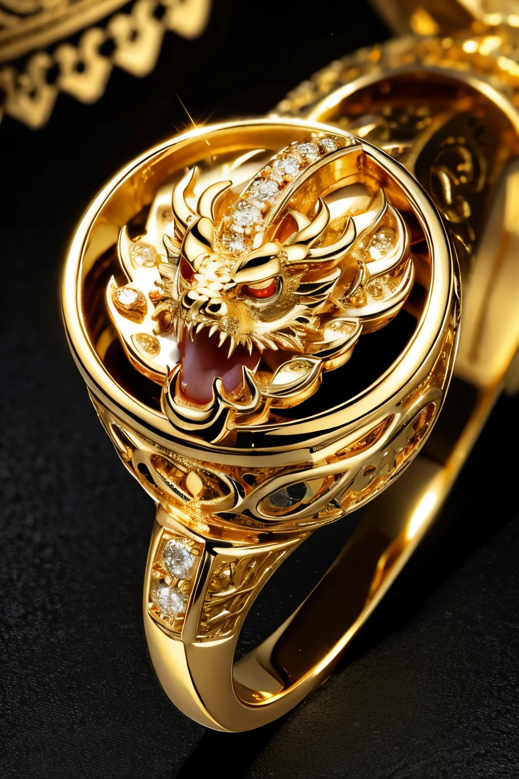 gold ring,Hollow,With a Chinese dragon,Set with diamonds
