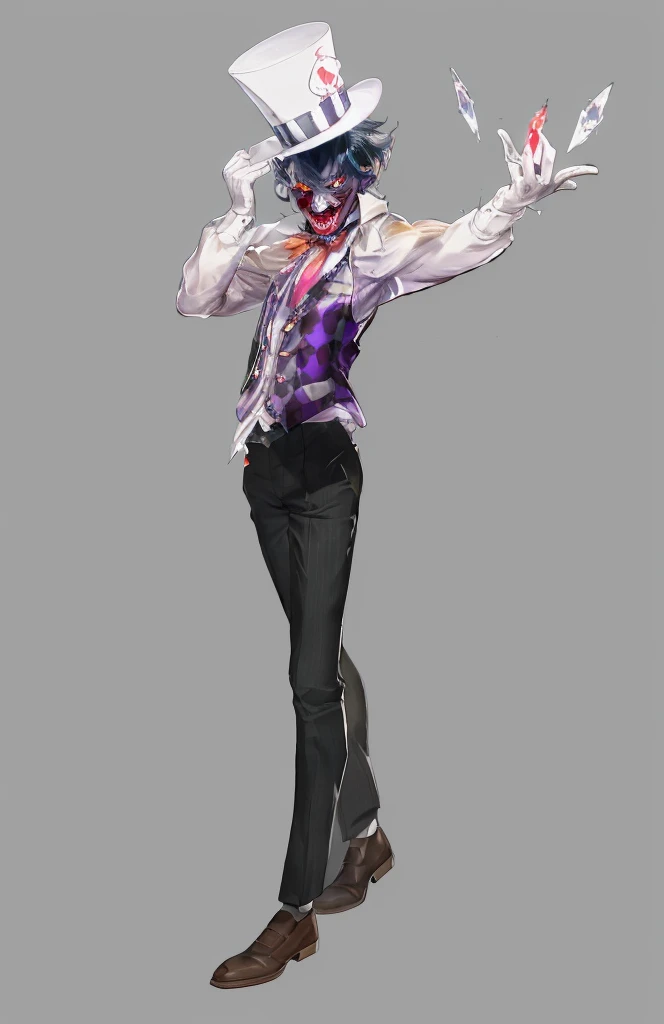 Official Art, masterpiece, Clear focus, Extremely detailed, (Side Light:1.2), clown，Suit，crazy，male，whole body，mystery，magician帽，Suit外套，Vest，leather shoes，wear gloves，magician，weird，