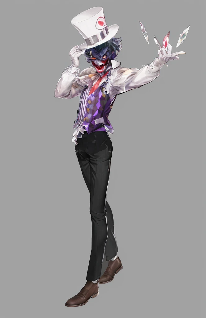 Official Art, masterpiece, Clear focus, Extremely detailed, (Side Light:1.2), clown,Suit,crazy,male,whole body,mystery,magician帽,Suit外套,Vest,leather shoes,wear gloves,magician,weird,
