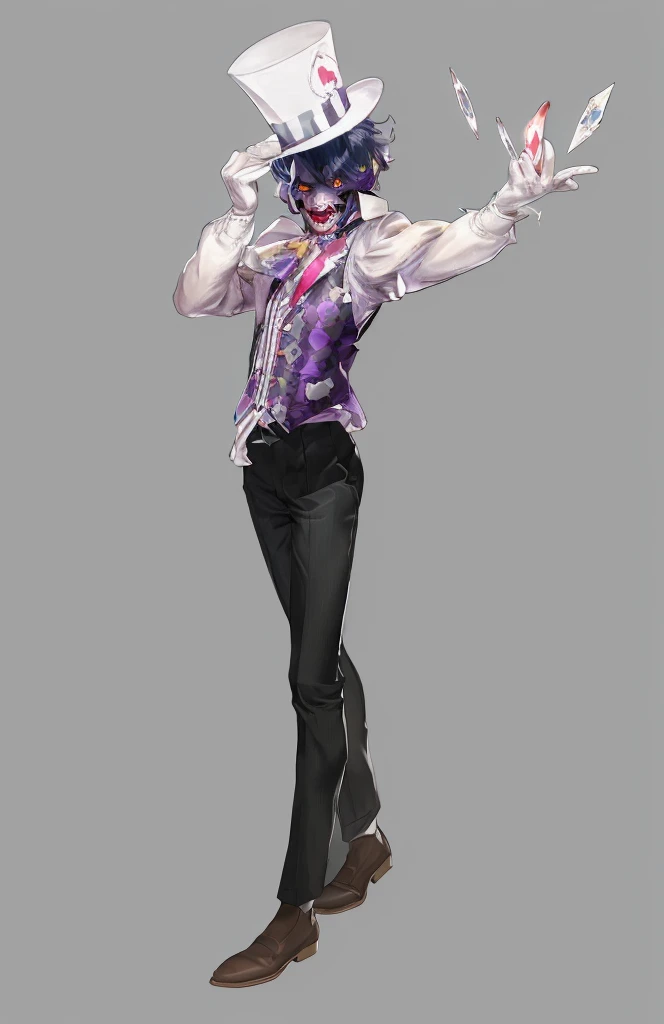 Official Art, masterpiece, Clear focus, Extremely detailed, (Side Light:1.2), clown,Suit,crazy,male,whole body,mystery,magician帽,Suit外套,Vest,leather shoes,wear gloves,magician,weird,