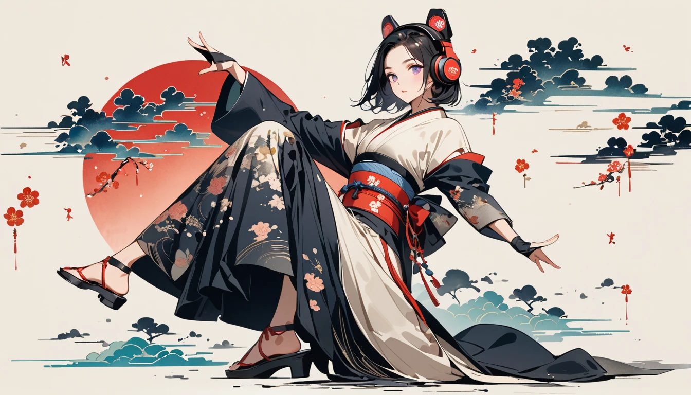 whole body, dance, Purple Eyes, Ink Painting, 1 girl, tattoo, Japanese style headphones, beautiful girl, Black Hair, peace, Delicate and precise, Modern ukiyo-e style, Multicolored background