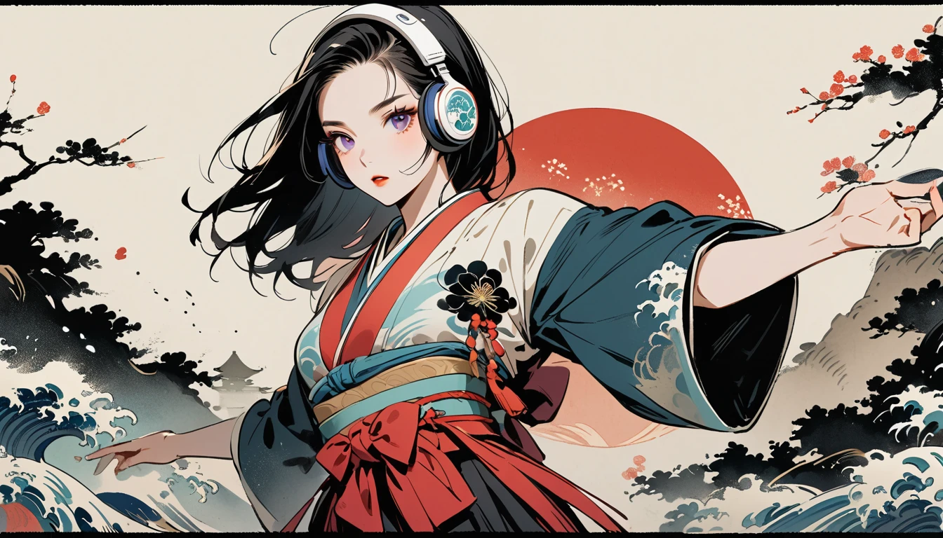 whole body, dance, Purple Eyes, Ink Painting, 1 girl, tattoo, Japanese style headphones, beautiful girl, Black Hair, peace, Delicate and precise, Modern ukiyo-e style, Multicolored background