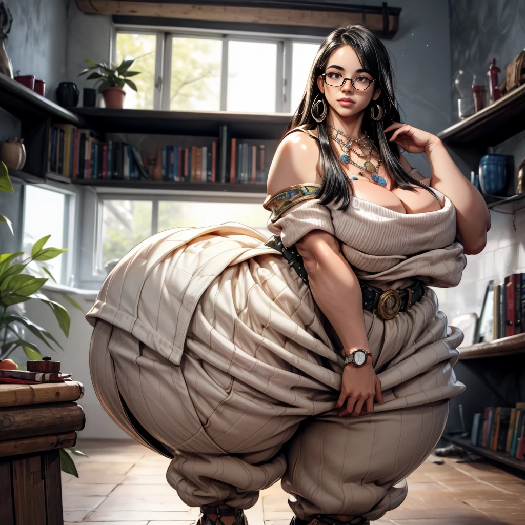 ((best quality)), ((masterpiece)), (detailed), perfect face, thicc woman,  beautiful face , thicc girl , widest hips , thicc , thicc body , thicc thighs , slim arms, huge large breasts, her body is thicc, full body view, dark-black room, black bokeh background, thight dress, wearing sandles, short hairstyle, diamond necklace, wearing a watch, tall woman, restore face, white skin , longest thight pants , glasses , cold vibes, , 4k resolution, Ethiopian goddess
