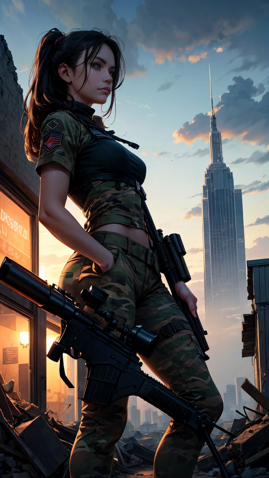 A beautiful female sniper in a war-torn urban environment, detailed face and eyes, realistic, photorealistic, photo-realistic, hyperrealistic, highly detailed, masterpiece, ultra-realistic, 8k, HDR, dramatic lighting, dramatic atmosphere, cinematic, moody, gritty, military, tactical gear, camouflage, rifle, ruined buildings, rubble, smoke, mist, dramatic sky, storm clouds