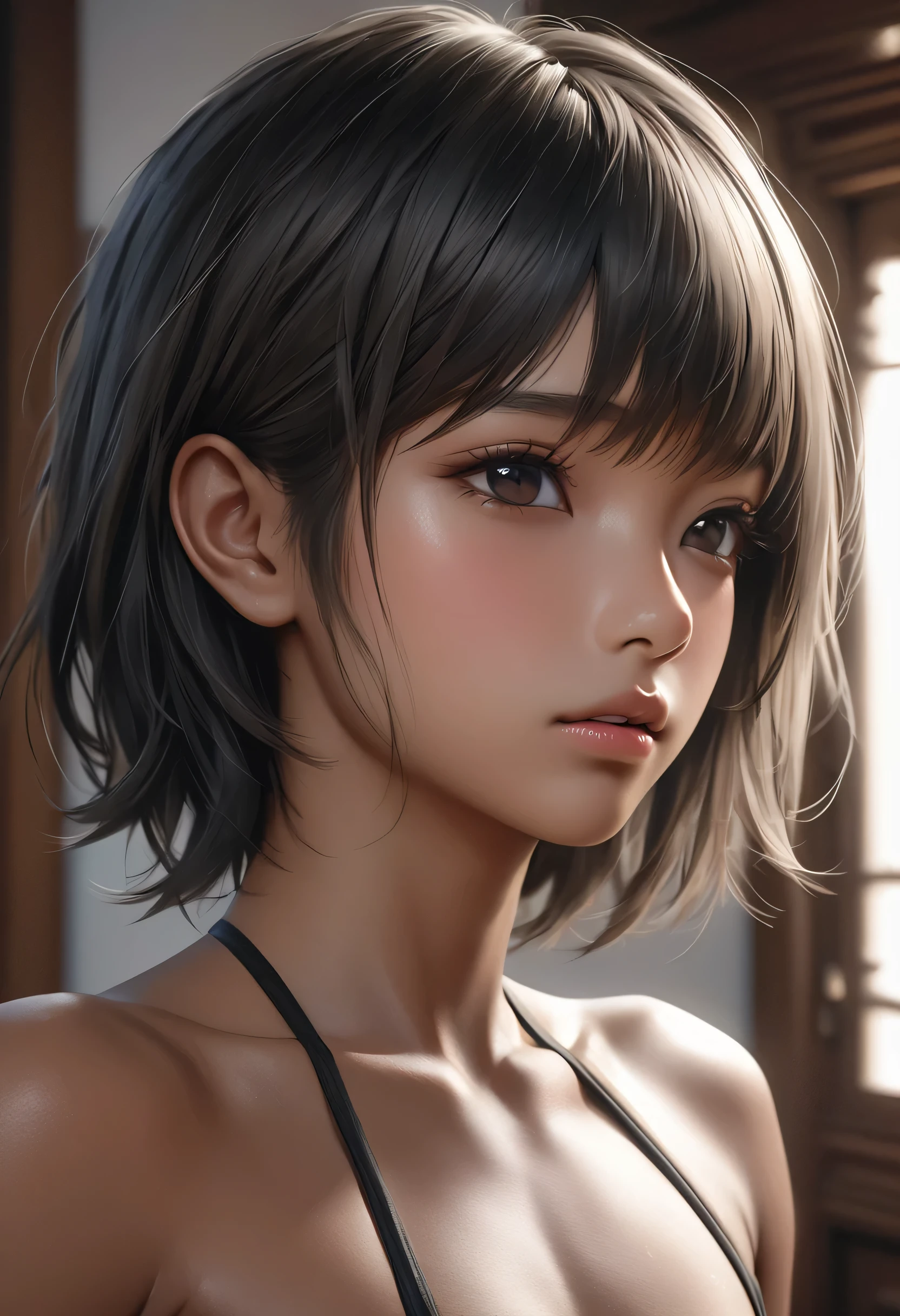high quality, detailed, photo Realistic, (1 female to male),transgender,(22 years old tanned cute japanese), (detailed black eyes), (black short hair),(abs),(tanned dark skin:1.3), flat chest, black tiny thong,(detailed nipples), palace bedroom,(best quality,4k,8k,highres,masterpiece:1.2), (face close up:0.8),(realistic,photorealistic,photo-realistic:1.37),