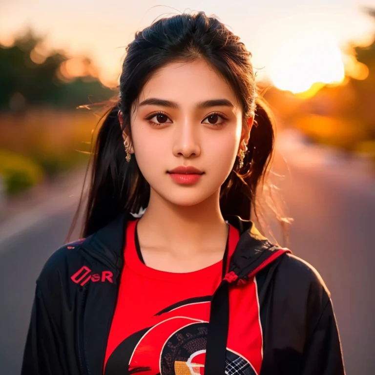 A young woman, Aarav, wears a plaid shirt and stands in front of the house., Portrait in the middle of a shot, Portrait 8 k, instagram post, Southeast Asians with round faces, long hair, ponytail, Photos in Portrait mode, Medium-term portrait, Shot with Sony Alpha, soft Portrait 8 k, Portrait photography, home photography, Shot with Canon EOS R5, Shot with Canon EOS R5, Headshot profile picture