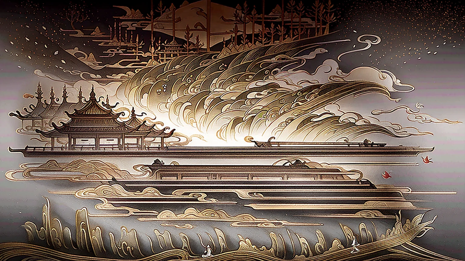 ancient chinese painting, Ancient Chinese Background, mountain, river, auspicious clouds, Chinese Palace, sunrays, master-piece, Super detailed, Epic composition, Ultra HD, High Quality, Very detail, official art, All-in-one 8k wallpaper, Super detailed, 32k -- v 6