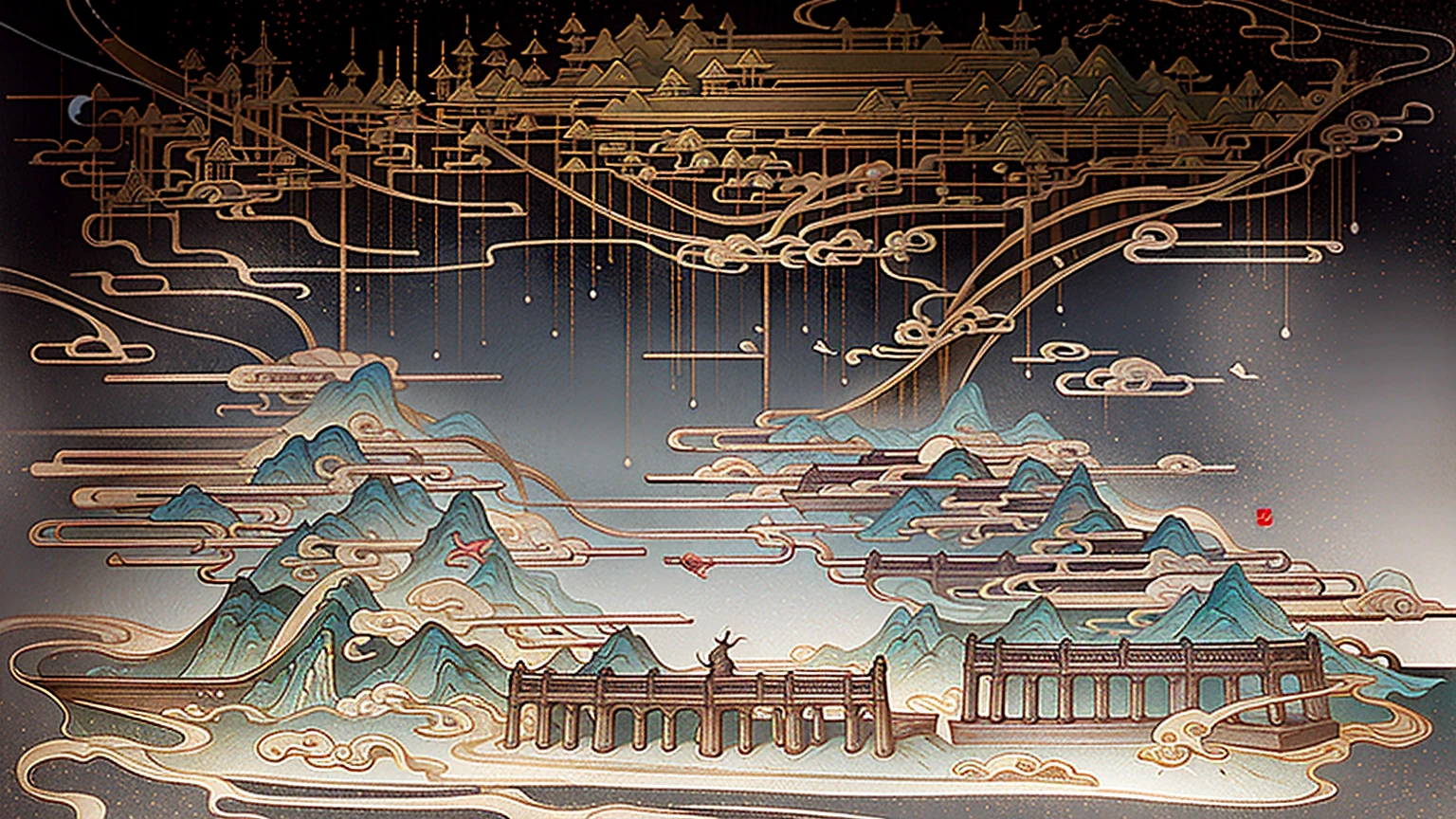 ancient chinese painting, Ancient Chinese Background, mountain, river, auspicious clouds, Chinese Palace, sunrays, master-piece, Super detailed, Epic composition, Ultra HD, High Quality, Very detail, official art, All-in-one 8k wallpaper, Super detailed, 32k -- v 6