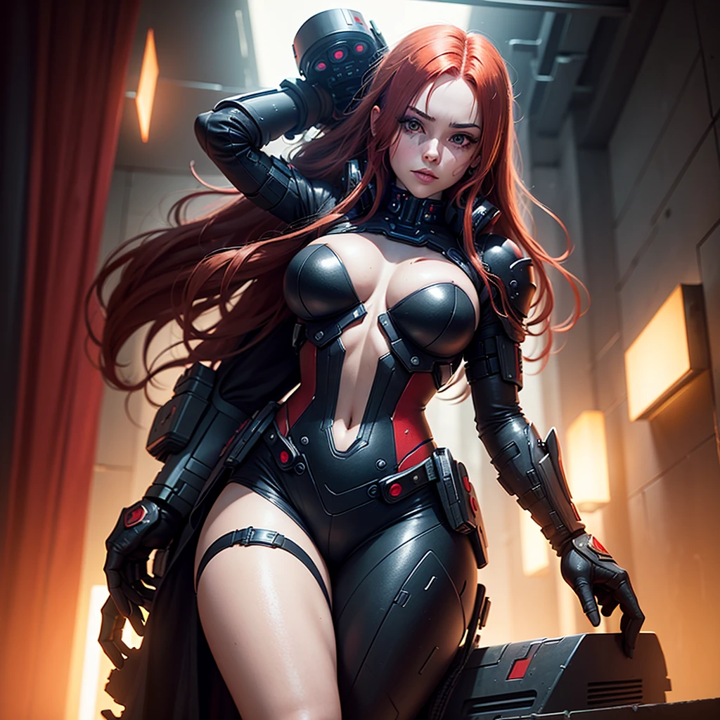 "Fantastic cyberpunk post-apocalyptic style. Beautiful cyborg girl with long red hair, dressed in a black android suit with a cleavage and small red details, stands vertically in front of the camera. The camera films her from below. She stands over the camera in a dominant face sitting position ready to sit on her face. Her hands are behind her back. She looks into the lens with a playful, with a slightly flirtatious look and a slight smile. Her thighs are exposed. Dark background with red flashes and lights, creating an atmosphere of slight sadness. The image horizon is flat. Primary colors - black and red." sci fi