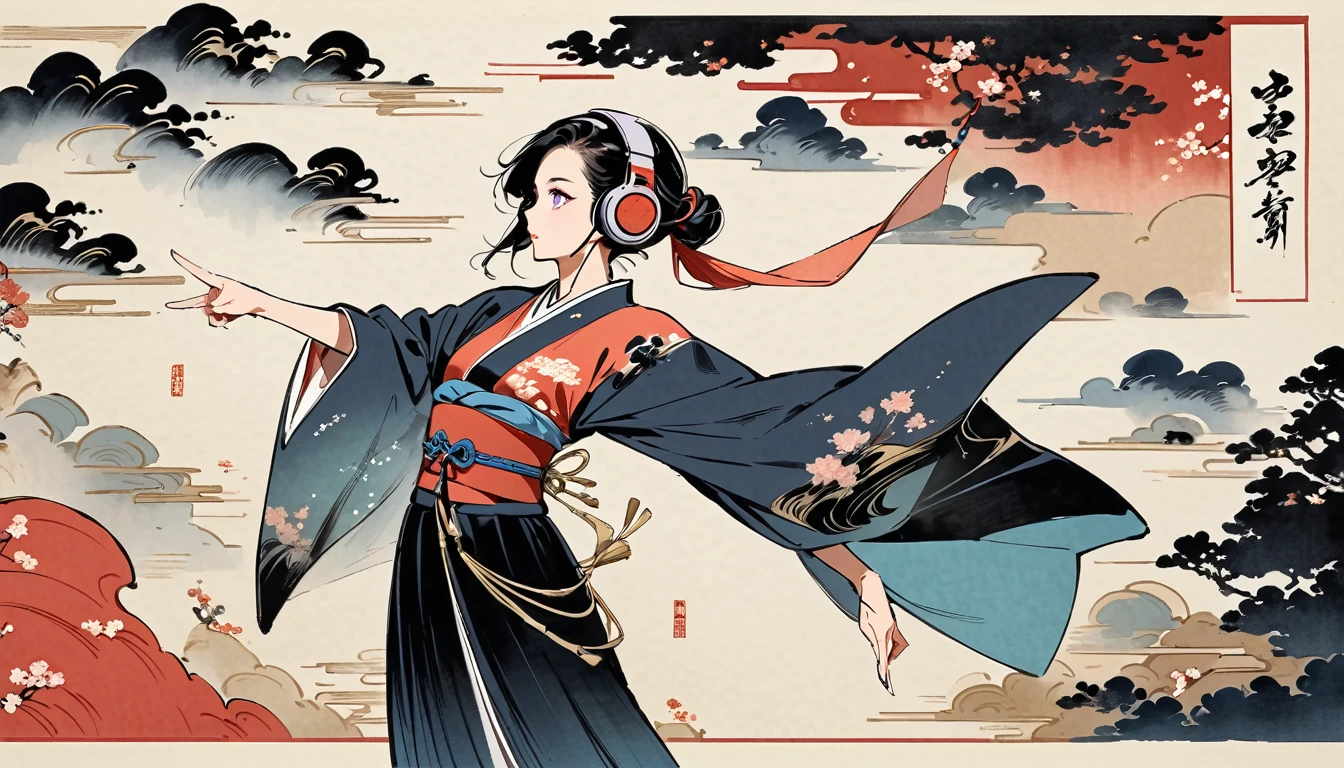 whole body, dance, Purple Eyes, Ink Painting, 1 girl, tattoo, Japanese style headphones, beautiful girl, Black Hair, peace, Delicate and precise, Modern ukiyo-e style, Multicolored background