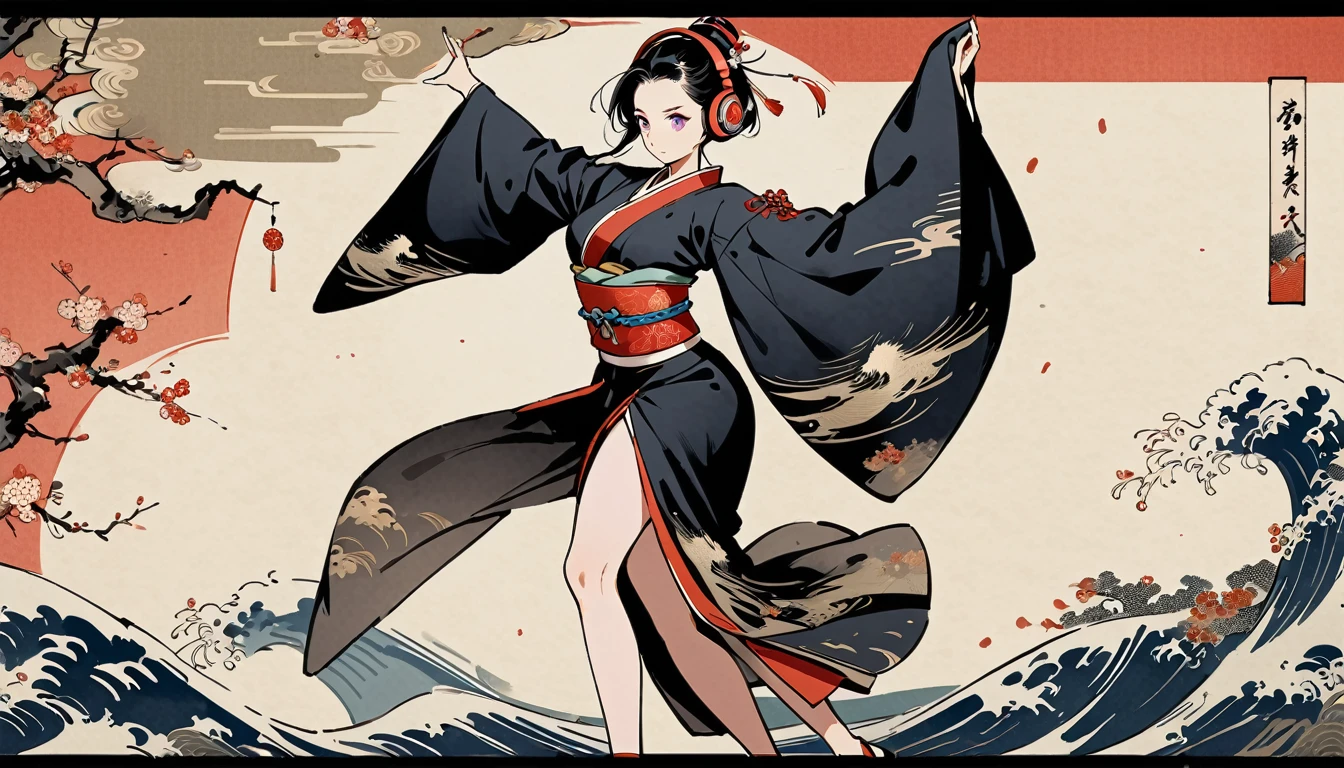 whole body, dance, Purple Eyes, Ink Painting, 1 girl, tattoo, Japanese style headphones, beautiful girl, Black Hair, peace, Delicate and precise, Modern ukiyo-e style, Multicolored background