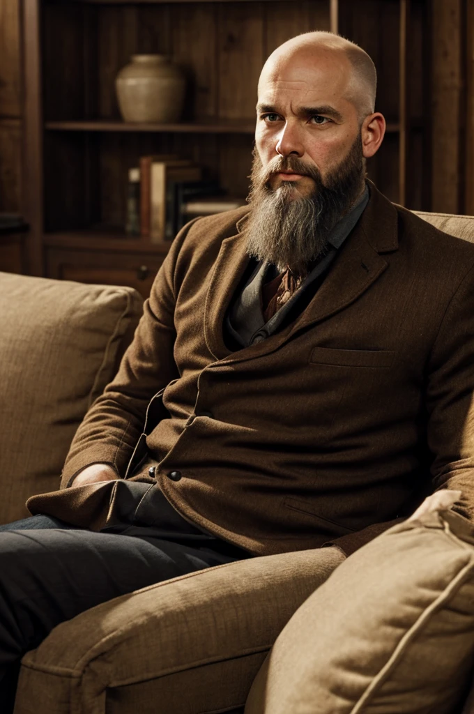 bald man scruffy beard colbey: sitting in the living room, year 1862, he looks sad