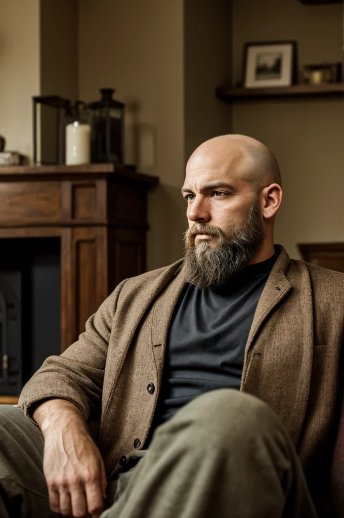 bald man scruffy beard colbey: sitting in the living room, year 1862, he looks sad