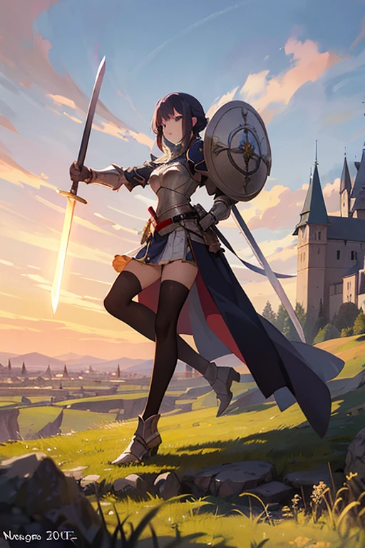 anime girl in violet armor with a sword and shield who is 20 years old in a nedieval landscape with the shield raised and a castle in the distance and a dragon breathing fire