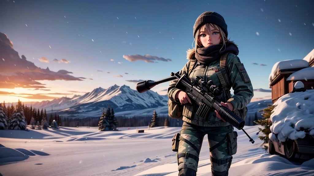 beautiful sniper woman, snow covered environment, highly detailed modern sniper rifle, snowy landscape, (best quality,4k,8k,highres,masterpiece:1.2),ultra-detailed,(realistic,photorealistic,photo-realistic:1.37),hyperrealistic, dramatic lighting, cinematic composition, moody atmosphere, cold tones, winter scene, strategic positioning, camouflage, tactical gear, observing target, focused expression, calm demeanor