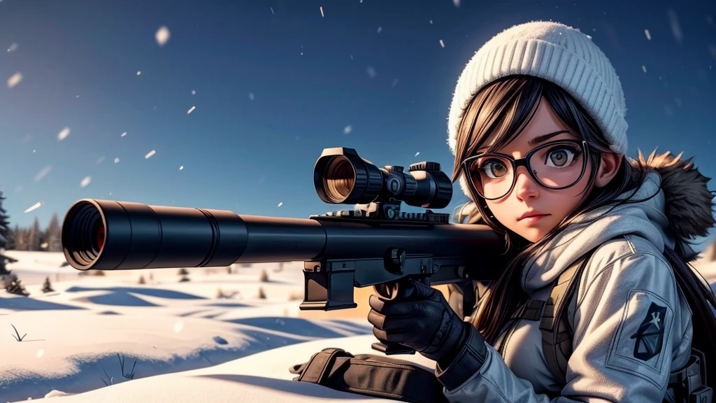 beautiful sniper woman, snow covered environment, highly detailed modern sniper rifle, snowy landscape, (best quality,4k,8k,highres,masterpiece:1.2),ultra-detailed,(realistic,photorealistic,photo-realistic:1.37),hyperrealistic, dramatic lighting, cinematic composition, moody atmosphere, cold tones, winter scene, strategic positioning, camouflage, tactical gear, observing target, focused expression, calm demeanor