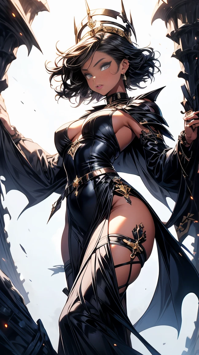 Generate an image of a woman with short black hair with blue highlights, sky-blue eyes with black makeup, and lips painted in a soft red shade. She is wearing a black half-armor on the upper part of her body, paired with a black dress featuring a slit on the side at the lower part. Her skin is fair with tattoos on her hip. She wears black heels with a scale-like texture and adorns a detailed crown of short black spikes. Additionally, she wears a blue cape with black and golden embroidery. She is situated in a gallery with a dark background, featuring excellent lighting accentuating her figure, and she carries a somewhat angry expression, striking a pose that exudes both a sexy and queen-like demeanor.