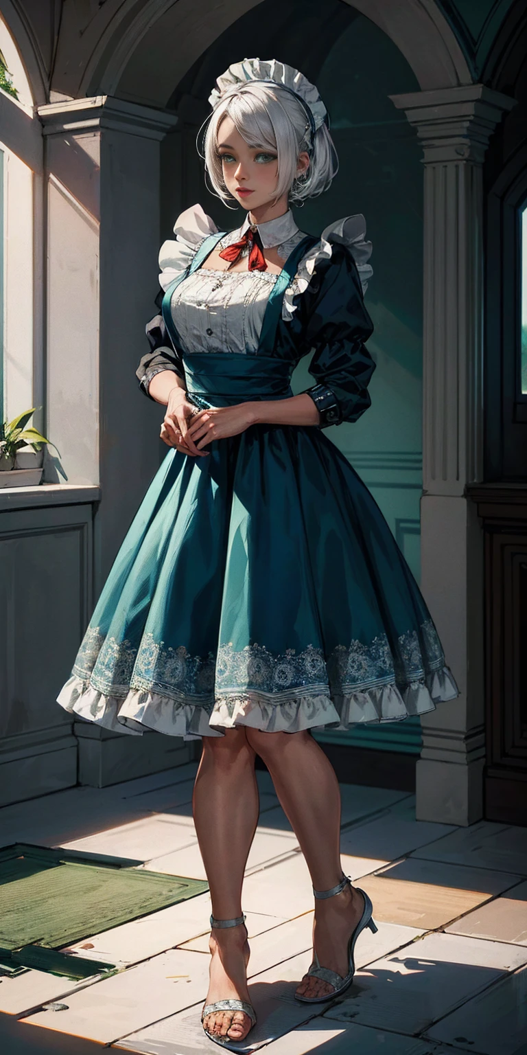 (masterpiece, top quality, best quality) pixel art, 1girl full body toe to head, white hair, green eyes, blue maid dress
