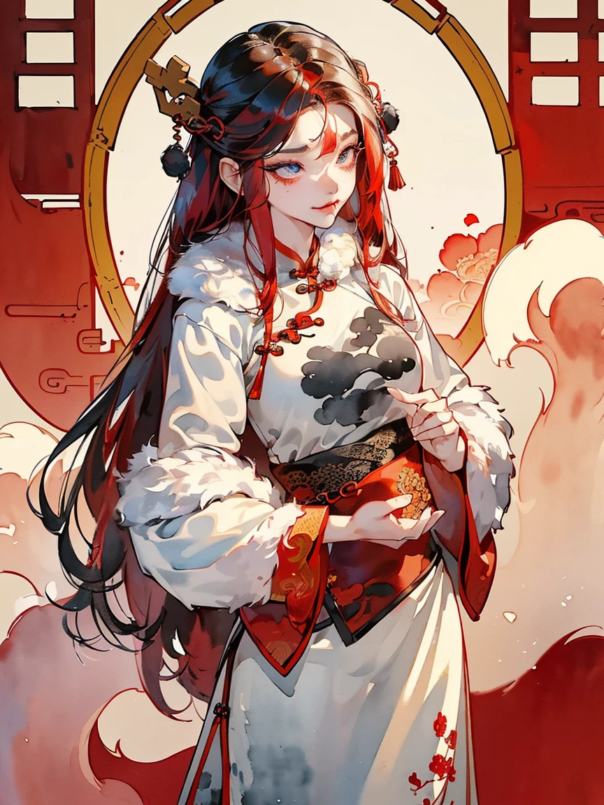 (((((((Chinese Ink Painting，Watercolor，Ancient Chinese cheongsam,Wipe Chest,Face红，Fur cuffs,)))))))，((1 Girl,young,Astonishing,Clear focus,Cute girl，Solitary,))(masterpiece,best quality, Official Art, Beautiful and aesthetic:1.2),((Ultra-high resolution,Golden Ratio,)) (16K),((from above，Succubus，Full figure)),(Physically Based Rendering),Astonishing,Clear focus, (((High Detail Skin,))),Exquisitely detailed clothing，Delicate pupils,Star Student,Crimson pupils,Danfeng Eye,((((Fine hair,Long hair|Furry Cut|#1: Bold Long Side Bangs|Exquisite tailoring|Undercut)))),slim,(masterpiece侧光),(luster),(Beautiful hair,漂亮的Eye,）[[Delicate fingers and hands:0.55]::0.85],(Detail fingers),((Unbelievable and ridiculous,)),((extremely_detailed_Eye_and_Face)),Movie Girl,(Dynamic Configuration: 1.2),outstanding,smooth, (Reality), The rear window lighting is backlit,Gloves, ((hairpin)), Side Rock,High boost, Double-sided fabric,(Dynamic poses),Messy hair,Ultra-precise depiction, Ultra-fine drawing,