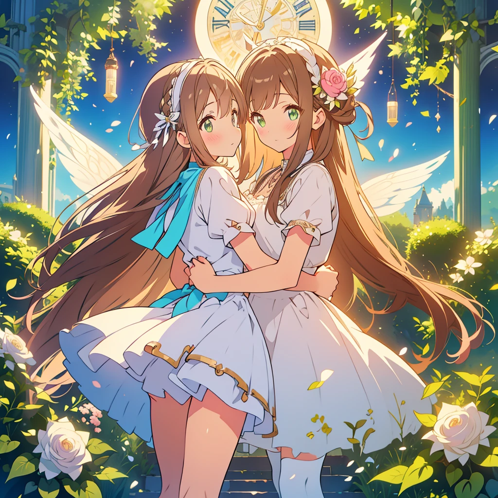 kawaii, anime, Cute, hyper quality, highly detailed, 8k, Front facing, Clarity, brown long hair, green eyes, smile, white rose, Set in Alice's Wonderland, planted white roses, white rose petals are dancing, Draw facial expressions in detail, striped overknee socks, Alice's maid costume with big ribbon, mark with sue, playing cards, clock, fairy tale, fantasy, shine of light, highlight on eyes, wink, My body dances, Gradation of bright sky and evening and night sky, full moon and crescent moon, whole body, Twisted trees of different sizes, twisted ivy, rabbit, white roses bloom, white rose petals, small angel wings on the back, The only character is a girl, The sky dyed in twilight, rising ground, ribbon headband, undulating rose thorns,
