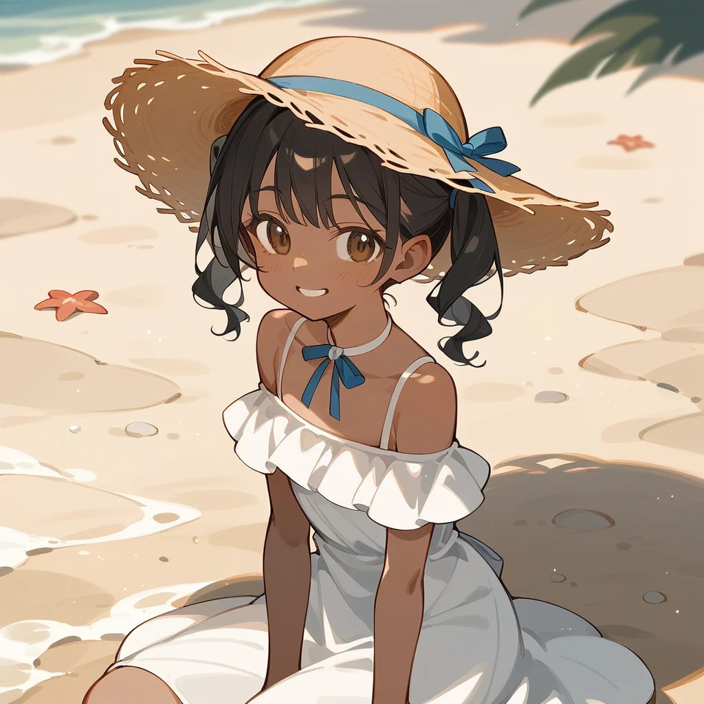 score_9_up, score_8_up, score_7_up, score_6_up, source_アニメ，2d, flat、Black Hair、Pigtails、White dress、Straw hat、Brown Skin、smile、Sandy Beach、Sand castles、rating_safe