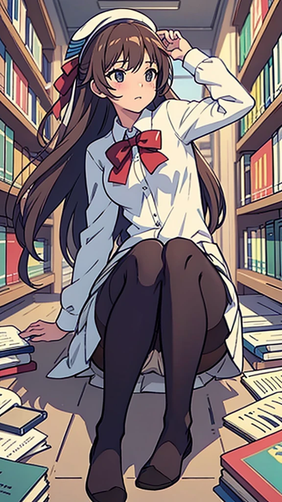 Pantyhose,high school girl,Angle from below,Crouching,library,