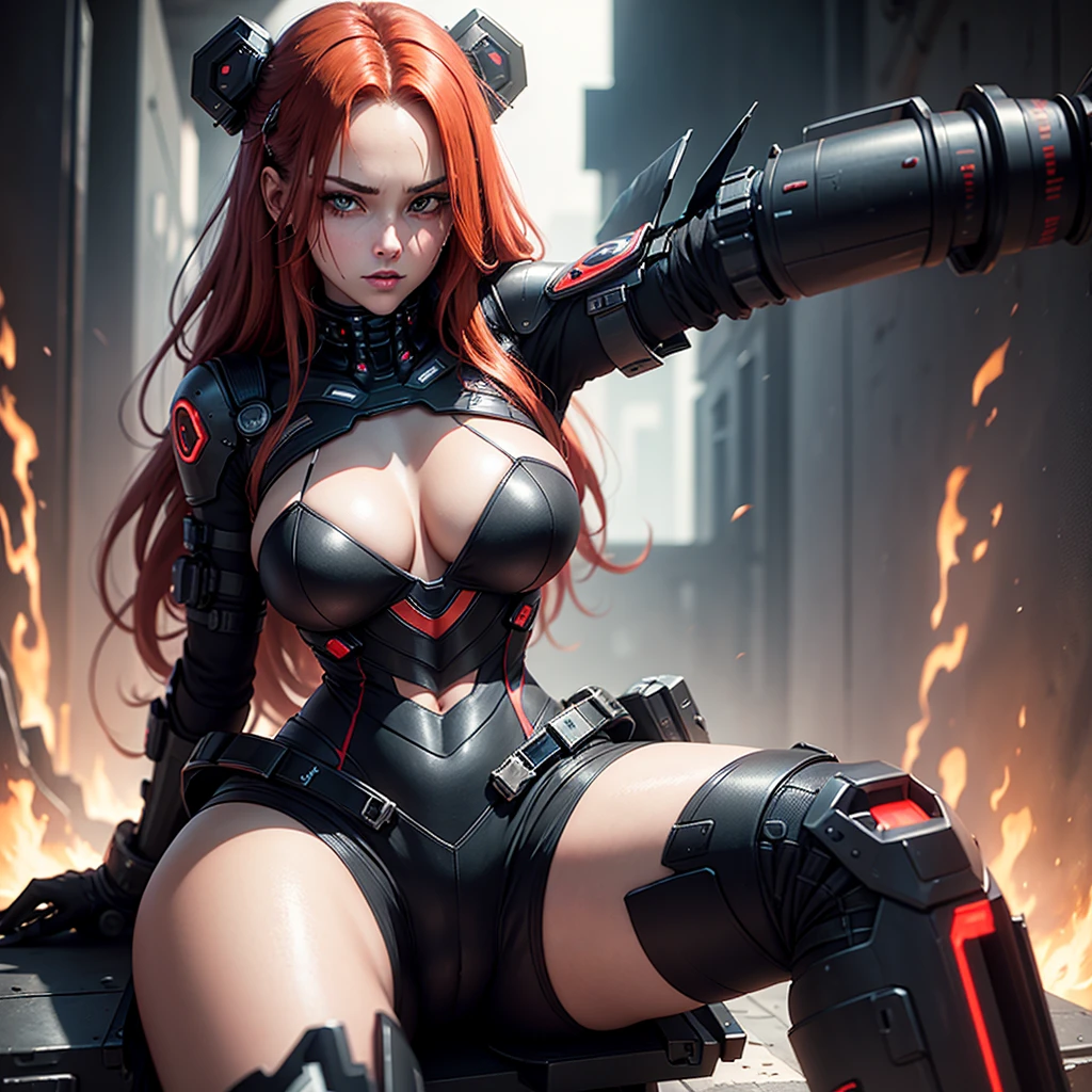 "Fantastic cyberpunk post-apocalyptic style. Beautiful cyborg girl with long red hair, dressed in a black android suit with a cleavage and small red details, stands vertically in front of the camera. The camera films her from below. She stands over the camera in a dominant face sitting pose, she is ready to sit on her face with her pussy. Her hands are behind her back. She looks into the lens with a playful, with a slightly flirtatious look and a slight smile. Her thighs are exposed. Dark background with red flashes and lights, creating an atmosphere of slight sadness. The image horizon is flat. Primary colors - black and red." sci fi
