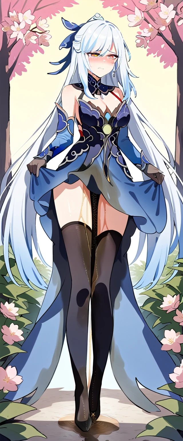 (masterpiece:1.37), best quality, (extremely detailed:1.37), (1girl:1.5), woman, (mature:1.5), (adult:1.5), jingliu, white hair, long hair, ponytail, hair ribbon, red eyes, earrings, jewelry, dress, bodystocking, pelvic curtain, (extremely detailed eyes:1.37), (wetting self:2.0), desperation, standing, embarrassed, humiliation, blushing, angry, cherry blossoms, garden, (golden hour:1.5), full body