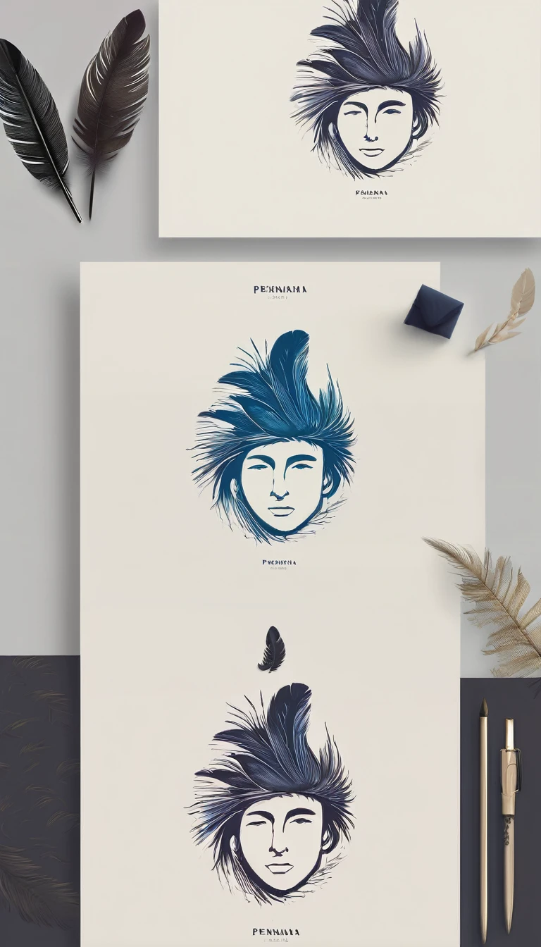 Create a minimal, modern, simple, inspirational, memorable, dream like logo design of a boy and a feather for the brand “Penamemoria".
