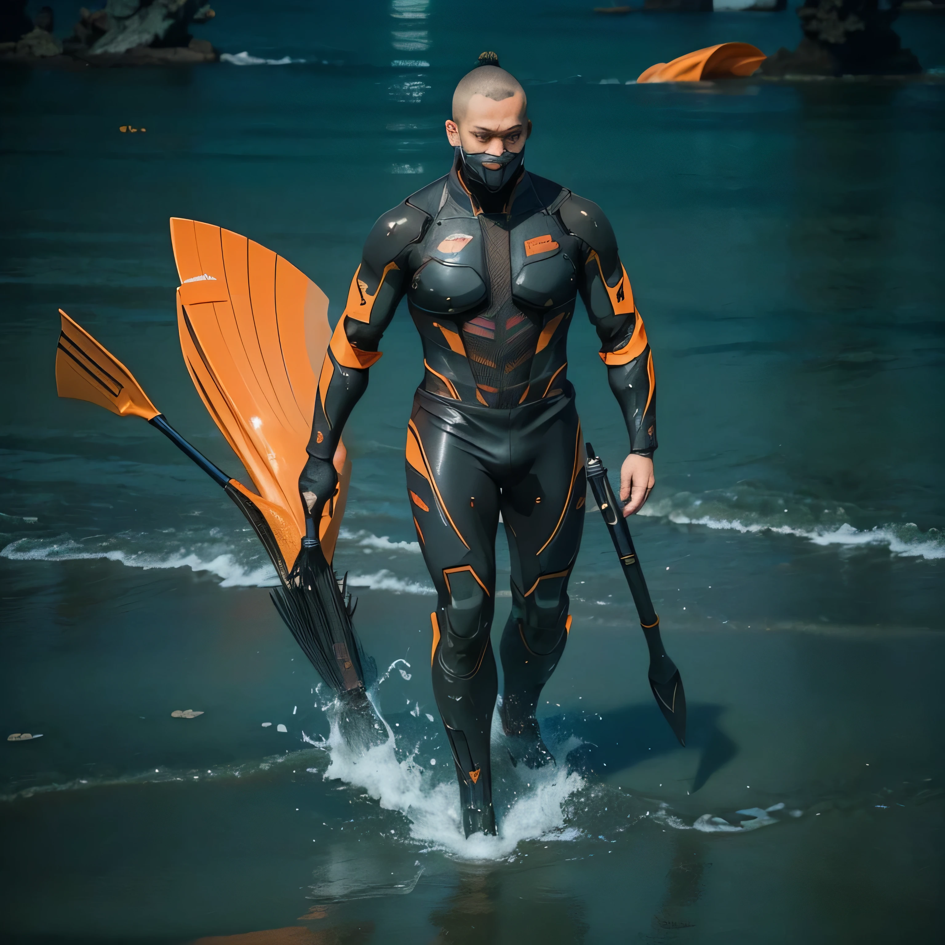 (Full body view)(Bright seabed)tall and big、Athletic and healthy Chinese man,The face is clear,Holding a long trident in hand,swimming a n middle of the sea, network_mark, Cybernetic_No jaw, Mechanical Parts, networknetic, Shallow water technical clothing, Shallow water technical clothing, Cyberpunk, Shallow water equipment,Oxygen cylinder,Respirator,shallow water suit, Cyberpunk clothing, Cyberpunk themes, Busy network,Sea at morning in background, fit, Create focus, morning, high resolution, shallow water suit裝, Bright orange details on the clothes with a bright seabed background and a bright school of fish behind them